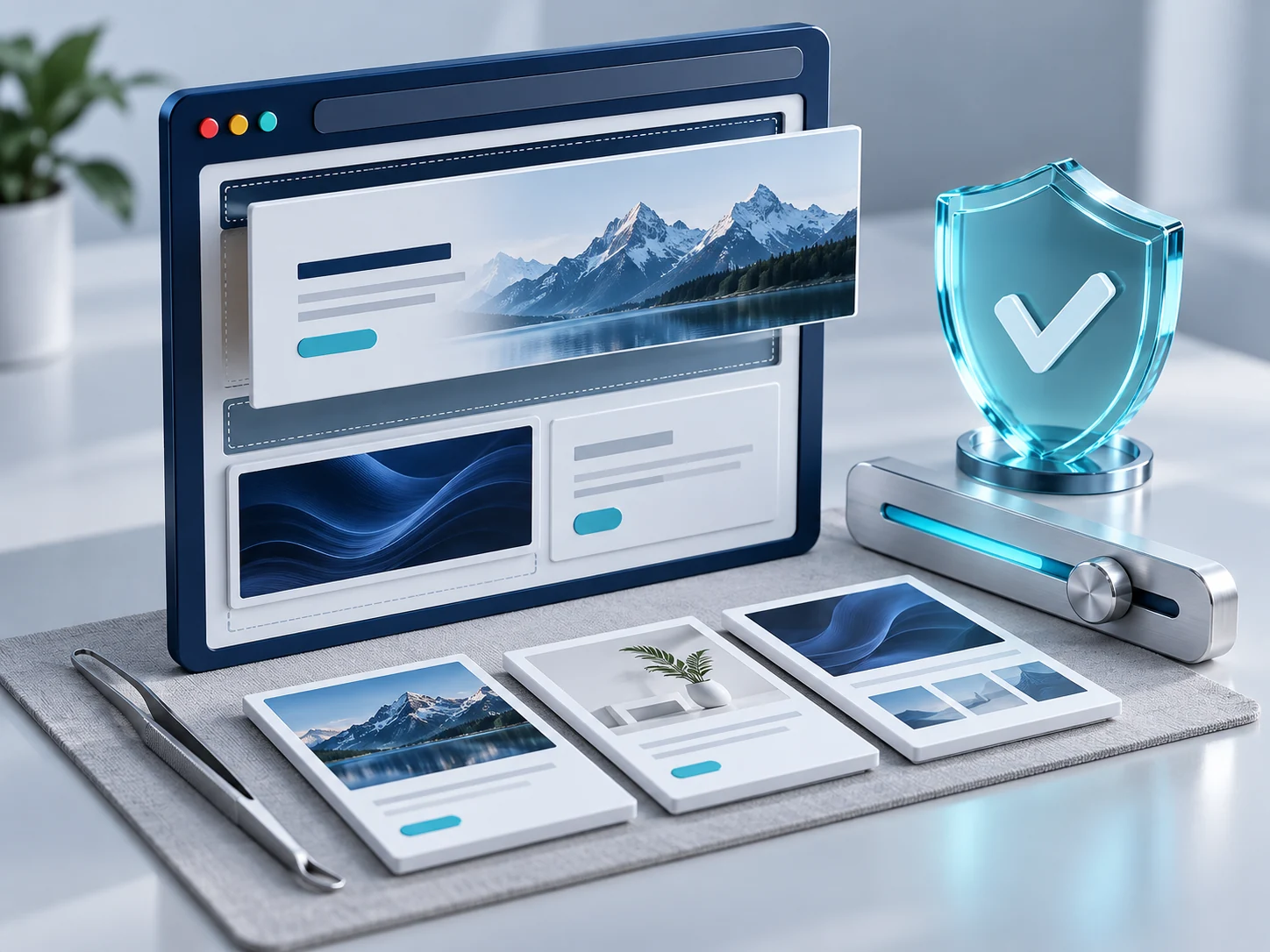 Website content modules, a security shield and performance controls showing ongoing maintenance