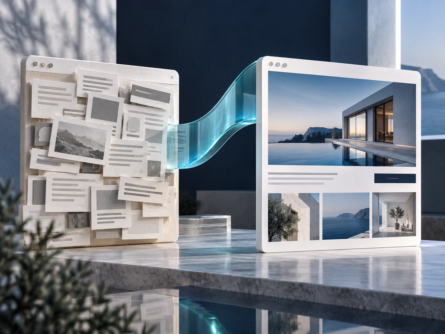 A website structure transforming from a crowded layout into a clear redesigned page