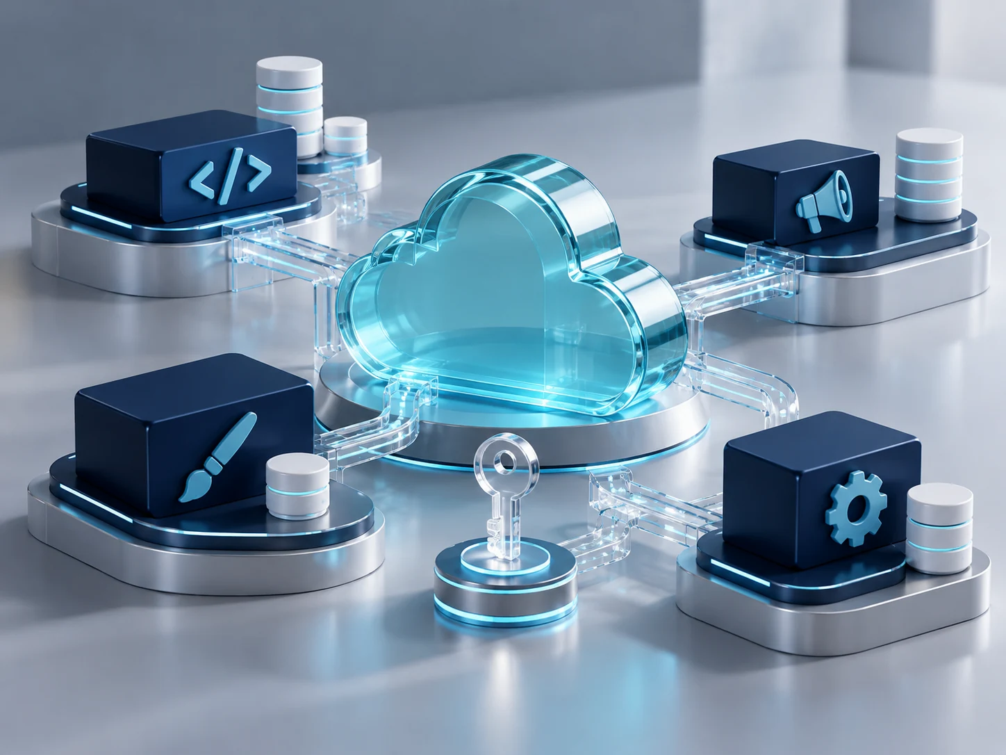 A cloud software hub connecting service modules, data and authentication