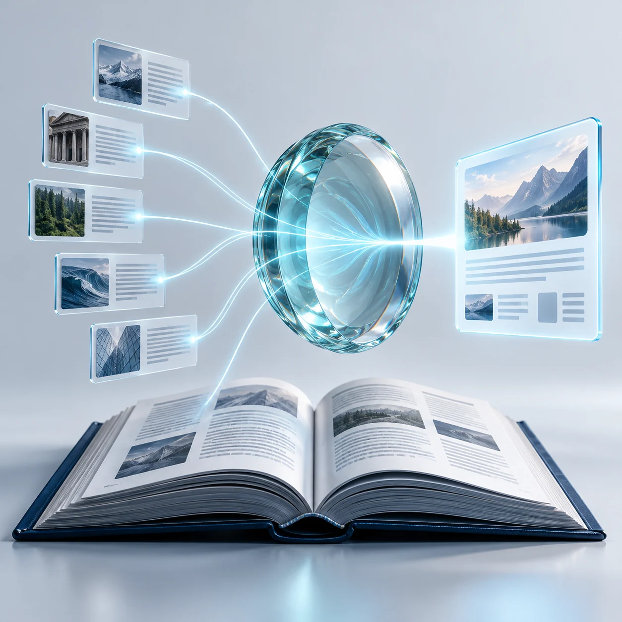 Cyan glass answer lens connecting source pages and reference material into an AI search answer