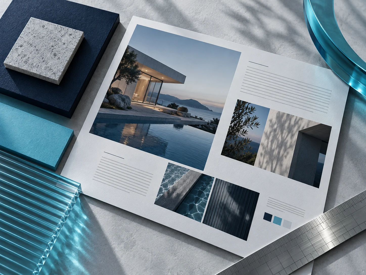 Brand materials and a designed page model showing the website design process