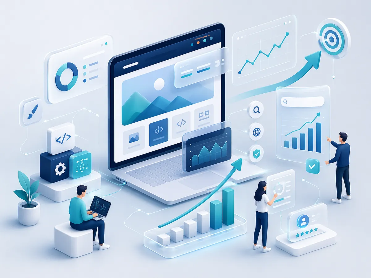 Isometric analytics and landing page illustration